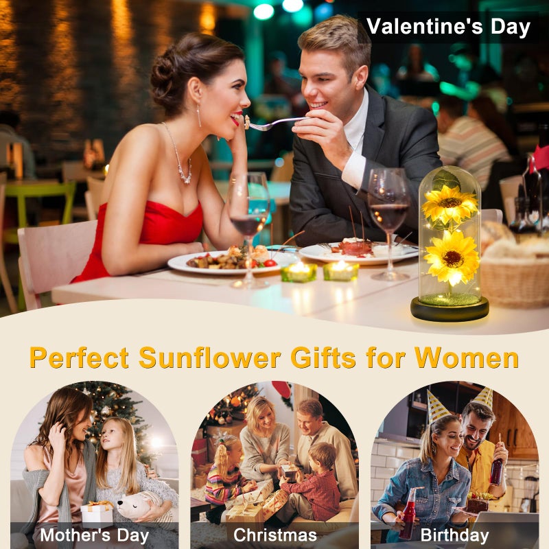 socathey Sunflower Gifts for Women  Artificial Sunflowers in Glass Dome with LED Strip  1PSC Sunflower Decor on Mother's Day  Valentine's Day  Christmas  Thanksgiving  Birthday (Yellow-New) - Image 4